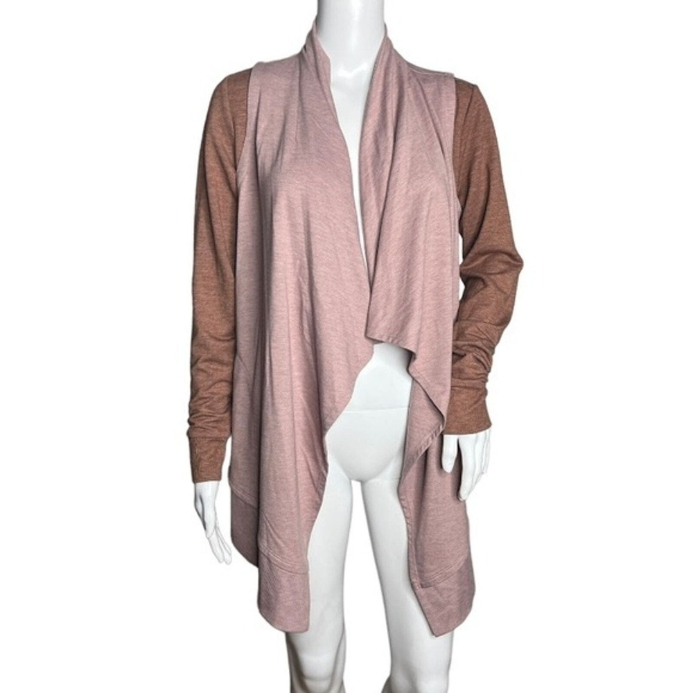 Logo by Lori Goldstein Cardigan Womens XS Pink Tan Logo Waterfall Hem Casual